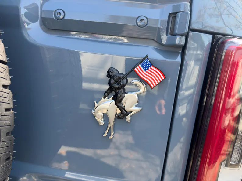 May include: A silver and black emblem featuring a rider on a horse holding an American flag. The emblem is affixed to a gray vehicle. The flag is red, white, and blue. The rider is black and the horse is silver.