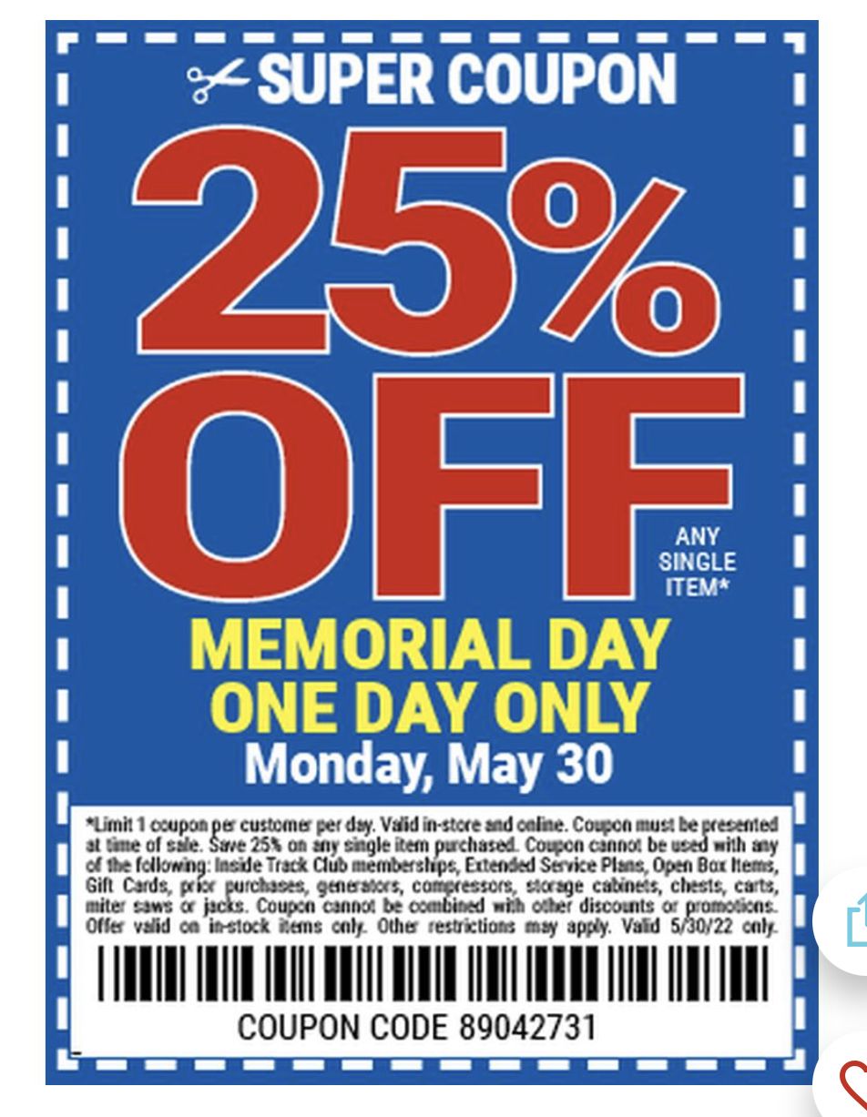 Harbor Freight 25 off coupon Today only (5/30/22) Bronco Nation